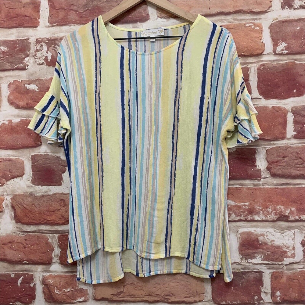 Suzanne Betro Weekend Women's Medium Yellow Multicolor Striped Abstract Shirt